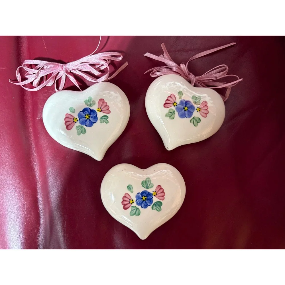 Lasting Products Inc Vintage Ceramic Heart Ornaments Hand Painted‎ Floral Set 3